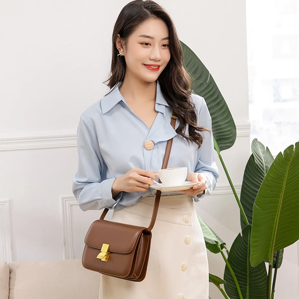 Women Leather Shoulder Bag Adjustable Strap Small Square Bag Metal Lock Satchel Handbag Commuting Bag Solid Color Messenger Bags