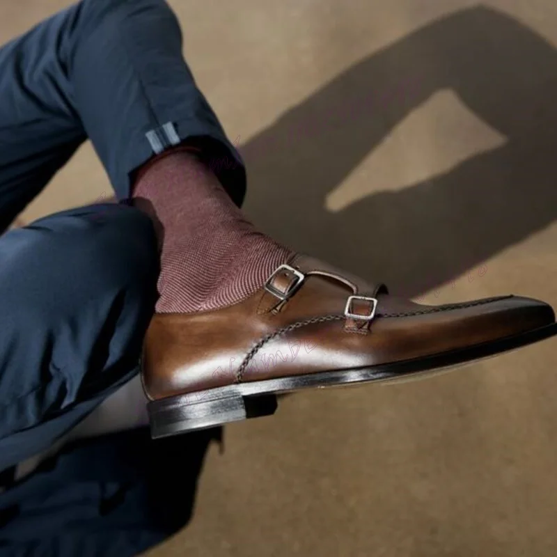 

Brown Strappy Buckle Decor Men's Loafers Matte Leather Shallow Handmade Dress Shoes for Men Business Shoes Zapatos Para Hombres
