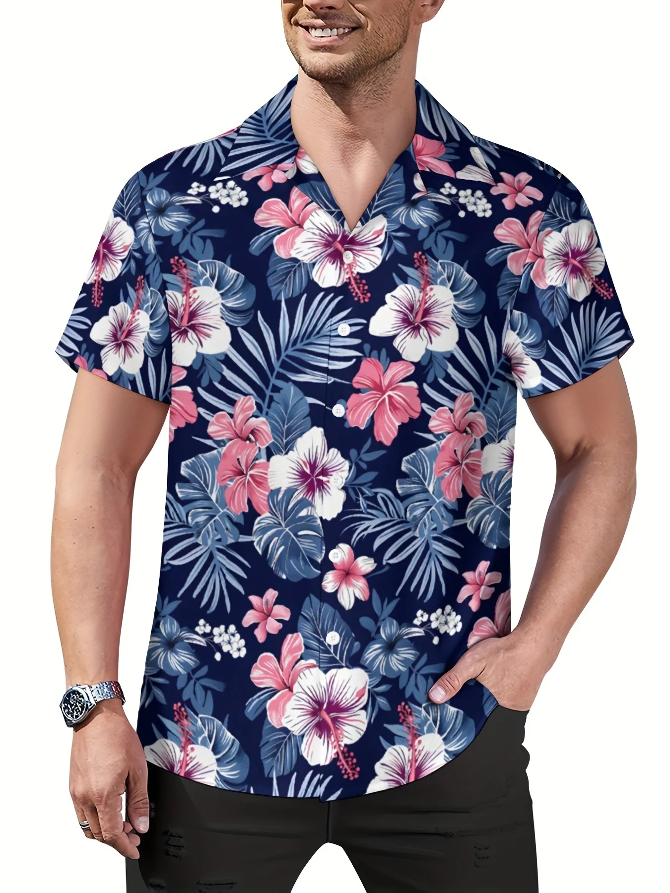 Men Navy Hibiscus Palm Leaf Tropical Beach Cuban Collar Short Sleeve Shirt