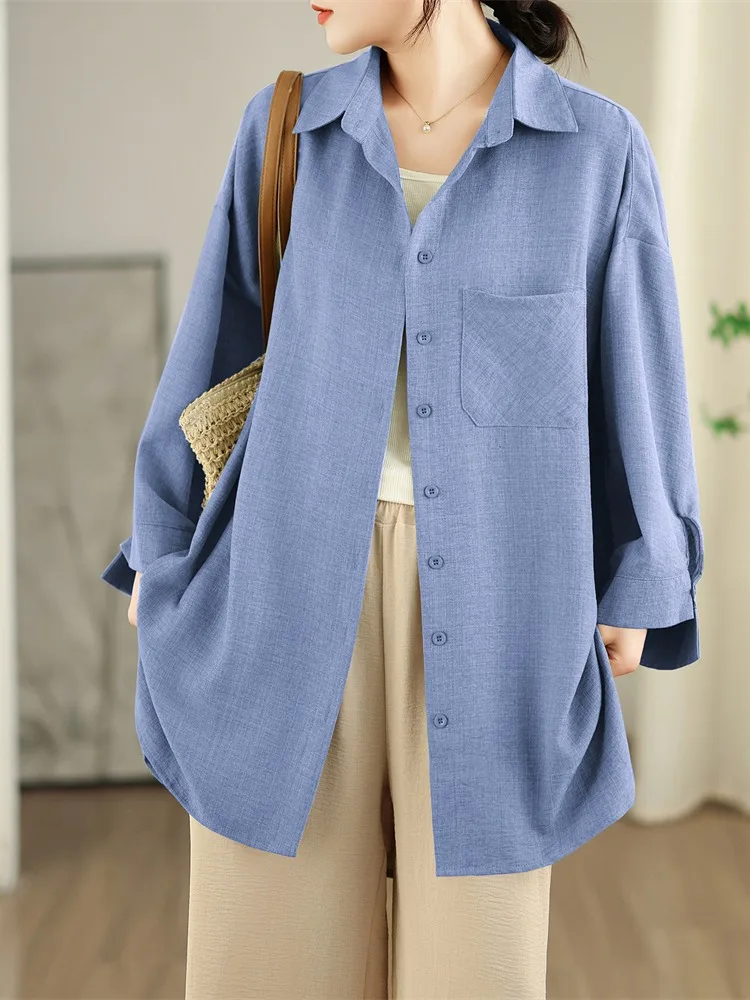 

Simple Design Asymmetrical Cotton Linen Women's Shirt Spring Turn-down Collar Elegant Versatile Mid-length Coat Jacket