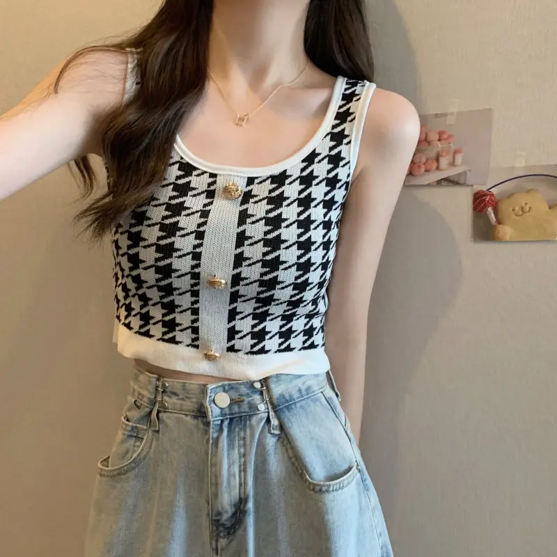 Houndstooth Camis Fashion Buttons Summer All-match Patchwork Slim Square Collar Tank Top Women Clothing Trend Sexy Top Tee