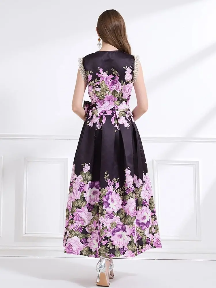 Alta qualidade flor impressão cruz com decote em v bandagem rendas até vestido envoltório para renda feminina sem mangas grosso cetim roupas femininas