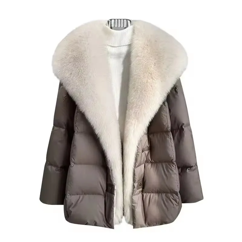 2025 inverno novo temperamento de comprimento médio branco ganso puffer parkas feminino pele de raposa destacável grande lapela pele para baixo jaqueta alta qual