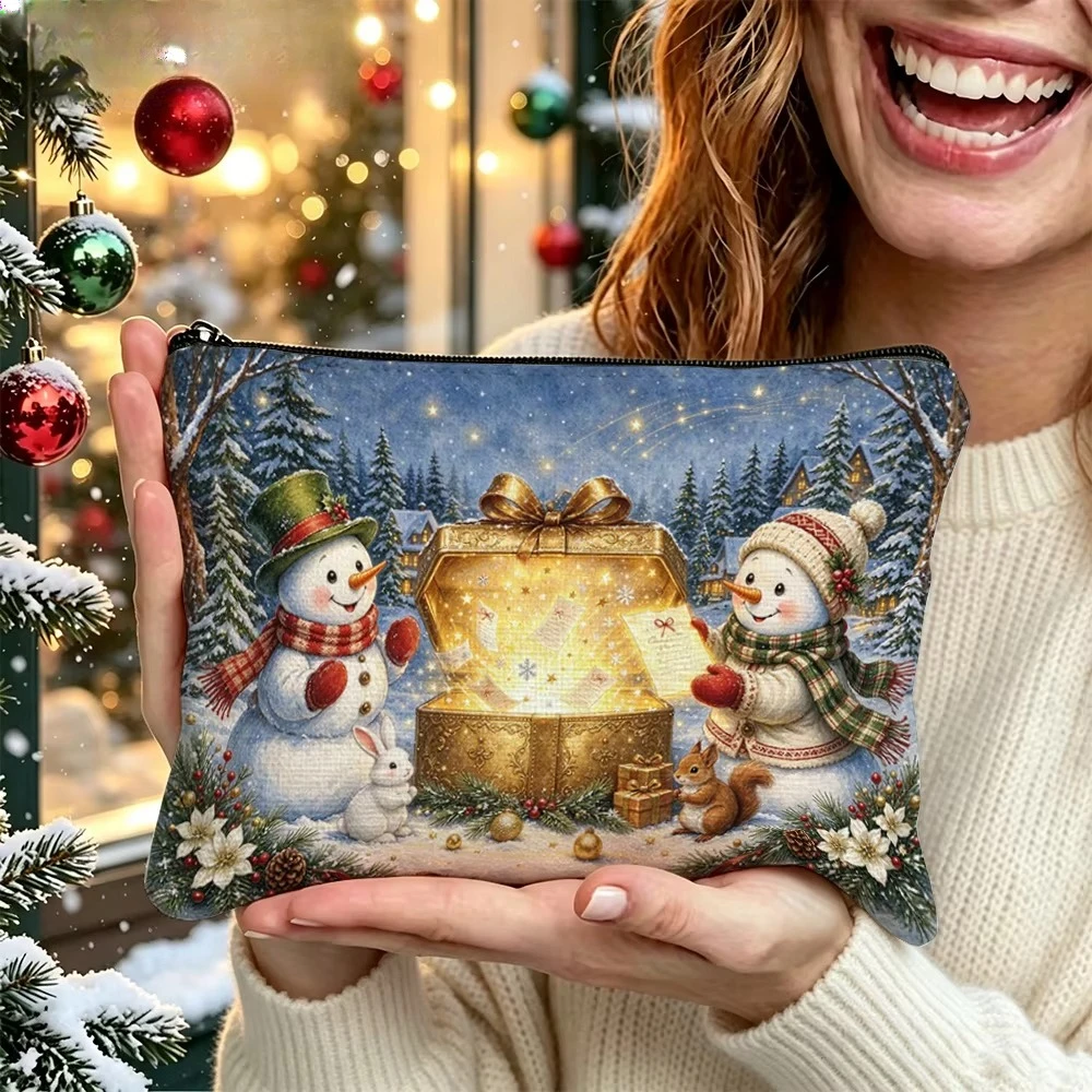 Winter Christmas Snowman Cosmetic Bag Cute Rabbit Squirrel Print Zipper Pouch Portable Travel Makeup Storage Purse Holiday Gift