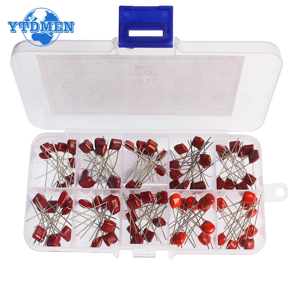 100pcs CBB Assortment Kit Capacitor 63V 100V 10nF~470nF Polypropylene Film Capacitor 10nF 22nF 33nF 47nF 100nF 220nF 330nF 470nF