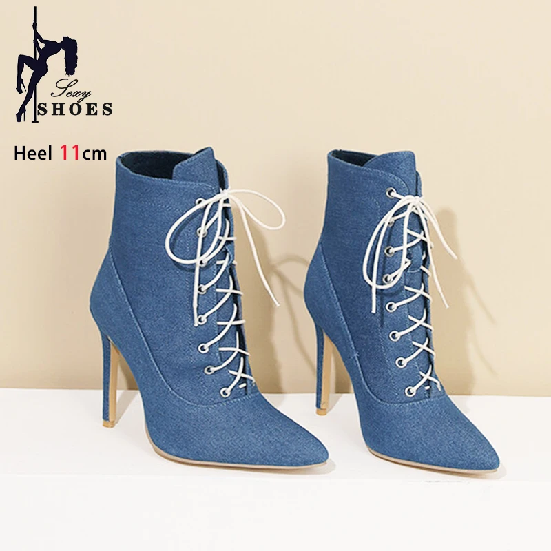 Stivaletti neri donna punta a punta 11CM tacchi alti da festa 2024 elegante donna primavera autunno scarpe in Denim stivaletti stringati 34-43