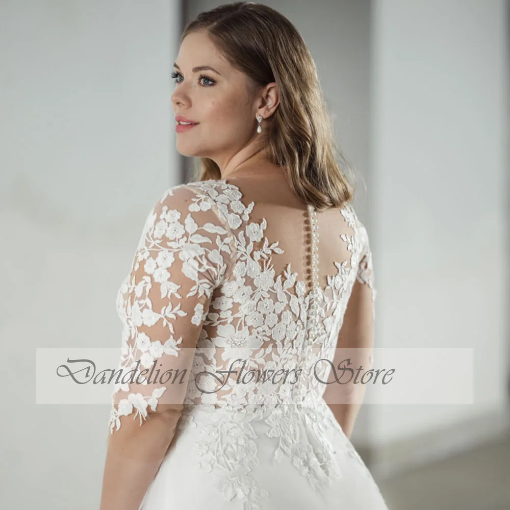 Robes de mariée classiques, grande taille, col en V, demi-manches, quelle que soit la mariée, appliques en dentelle de tulle, ligne A, robe de train de balayage, PSL980010