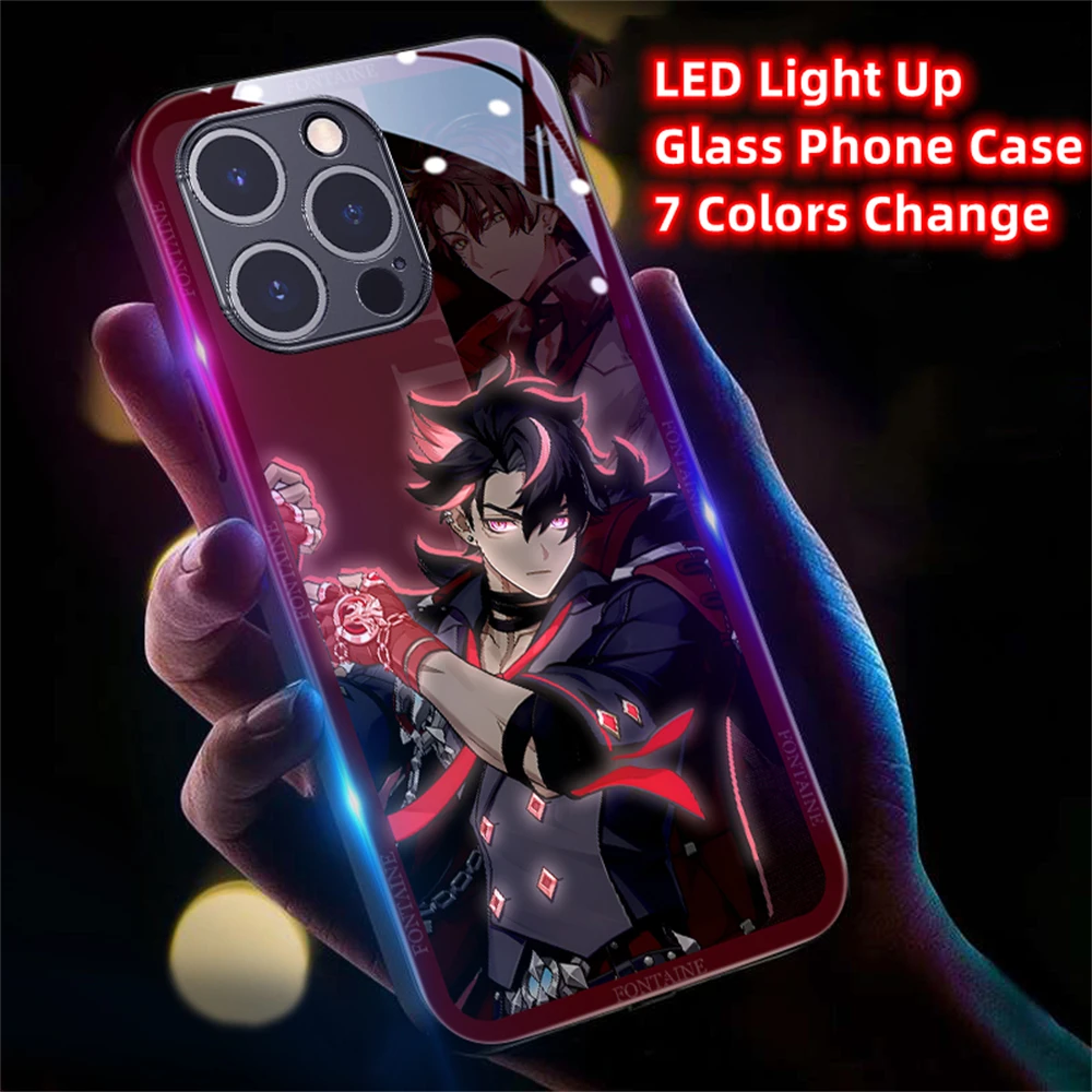 Water God Furina Role Luminous Glass LED Call Light Up Flash Phone Case Cover For Samsung S24 S23 S22 S21 S20 FE Note 20 Ultra