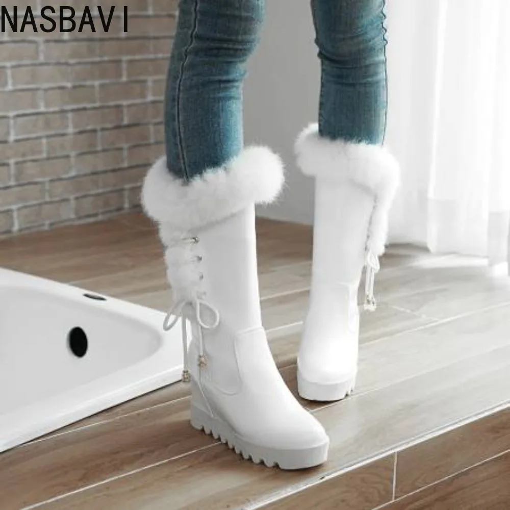 NASBAVI Winter Frauen Schnee Stiefel Warme Pelz Mittlere Waden Hohe Stiefel Lace-up Weibliche Schuhe Weibliche Nette Gepolsterte Stiefel zapatos De Mujer