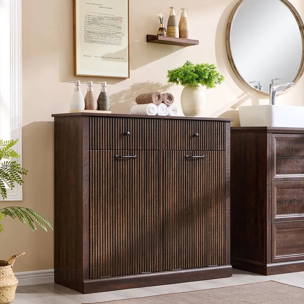 

Double Tilt-Out Laundry Hamper and 20 Gallon Fluted Trash Cabinet with Drawers for Kitchen and Bathroom, Brown