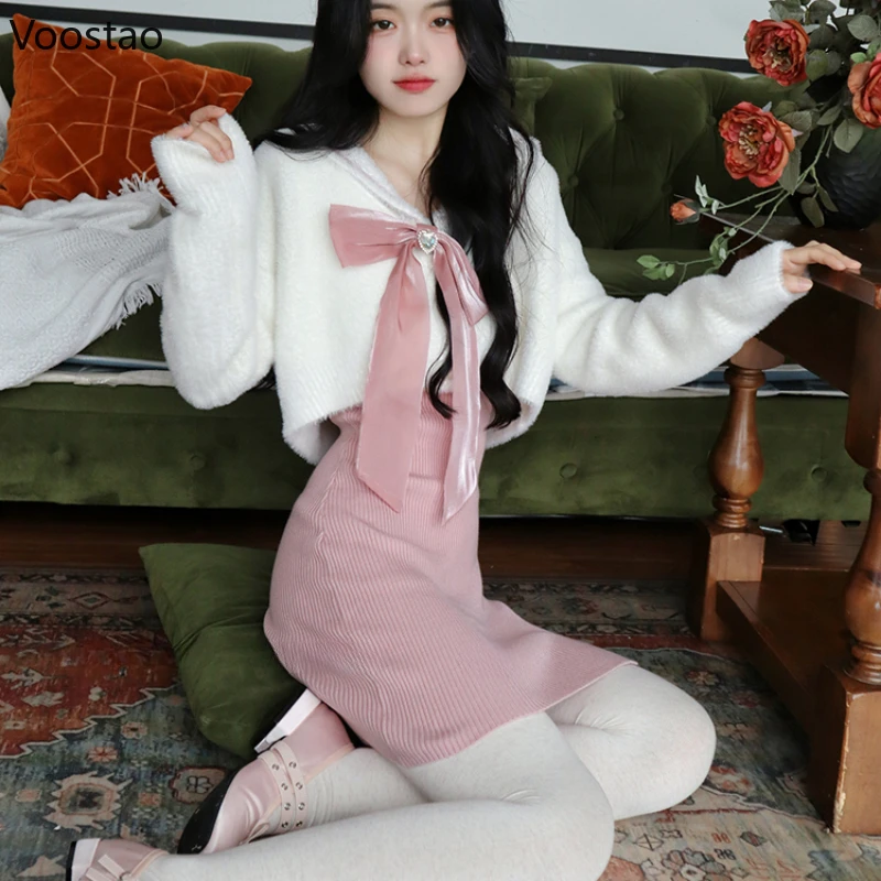 Autumn Winter Pink Kawaii Knitted Dress Set Women Korean Sweet Short Cardigan Party Mini Dress Suit Casual Fashion 2 Piece Sets