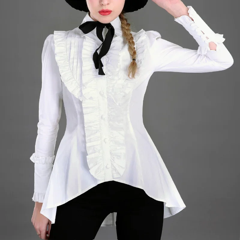 Gothic Women\'s Blouse White/Black High Low Long Sleeve Lolita Blouse with Ruffles by Lace Garden