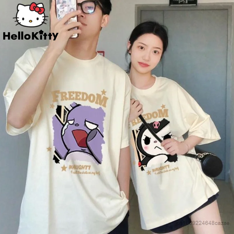 Sanrio Kuromi Summer Clothes 2 Piece Set Couples Friends Matching T-shirts Women Men Fashion Oversized Tee Shirt Y2k Cartoon Top