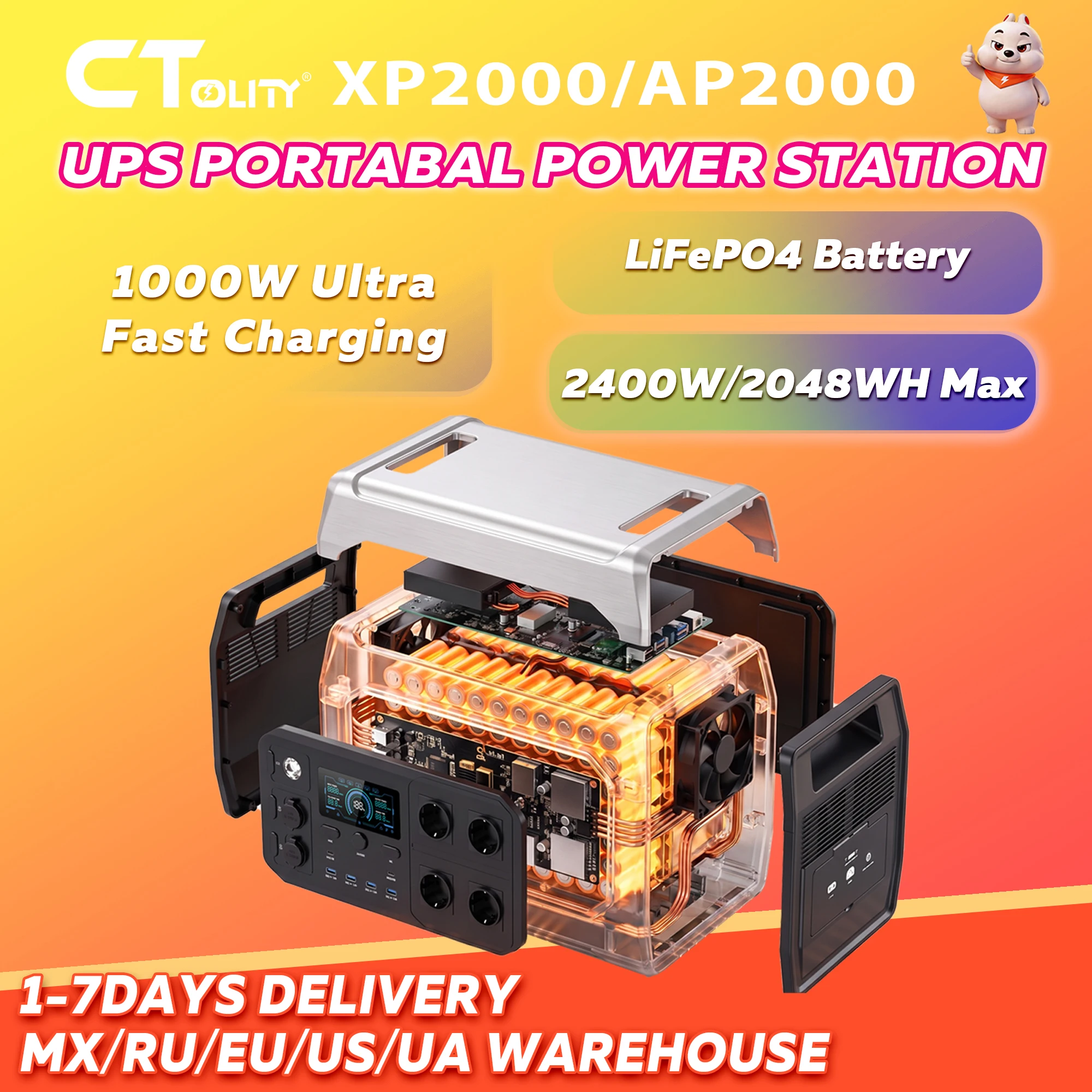 Портативная электростанция CTOLITY AP2000/XP2000 2400 Вт, 2048 Вт·ч, солнечный генератор, источник питания для кемпинга, LiFePO4 аккумуляторы