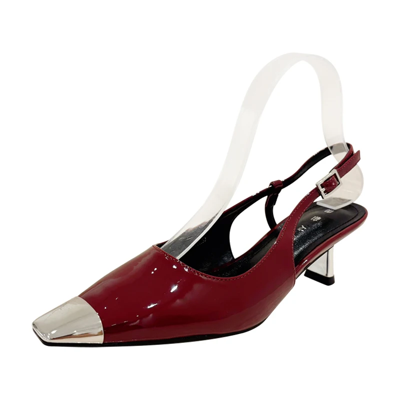 Black High Heels Ladies Square Slingback Shoes Women Patent Leather Low Heel Shoes Summer Office Pumps Wine red Zapatos Mujer