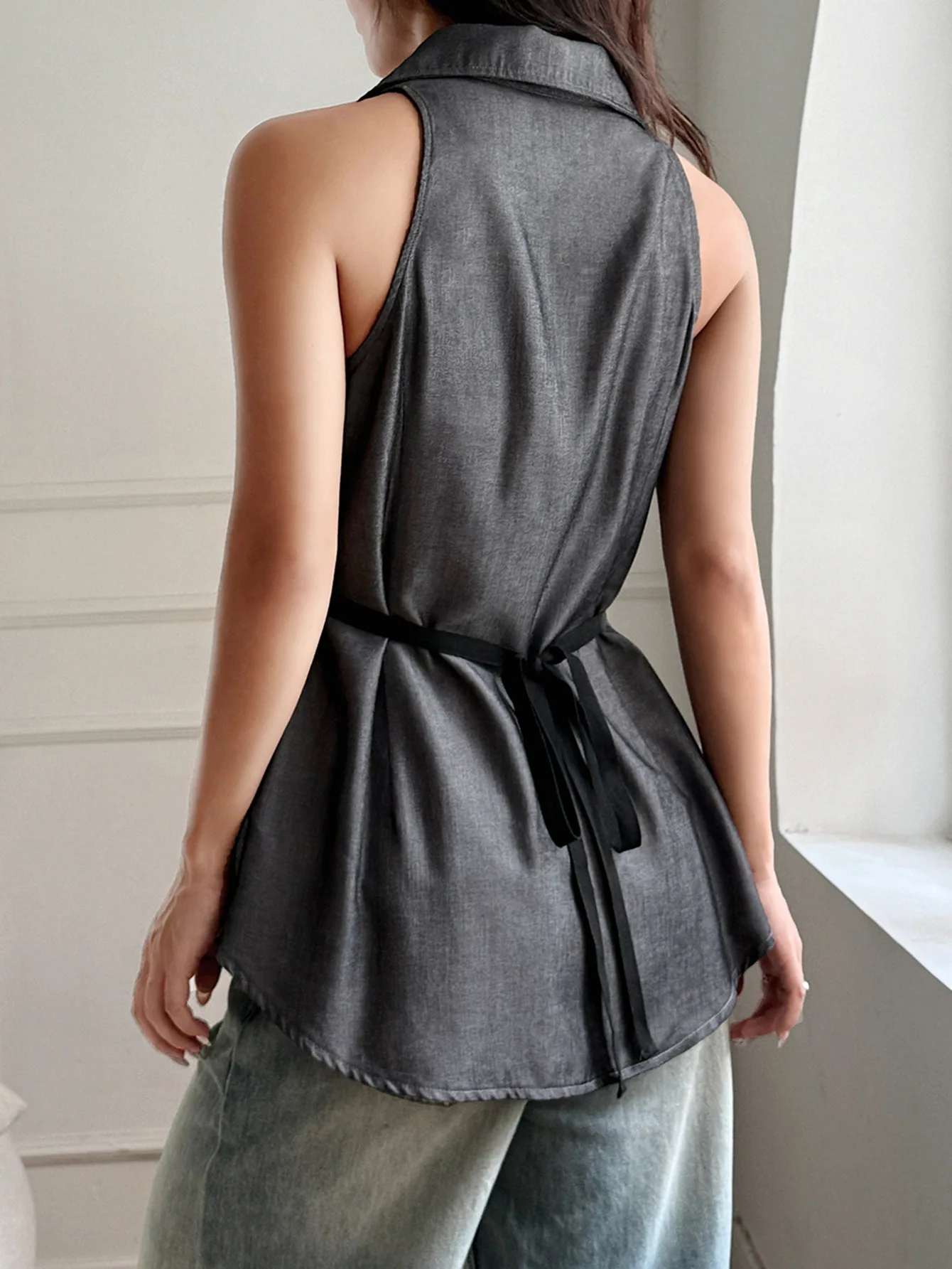 

Women's Y2K Urban Sleeveless Vest Top Solid Color Turn-Down Collar Lace-Up Casual Button Detail Summer T-Shirt