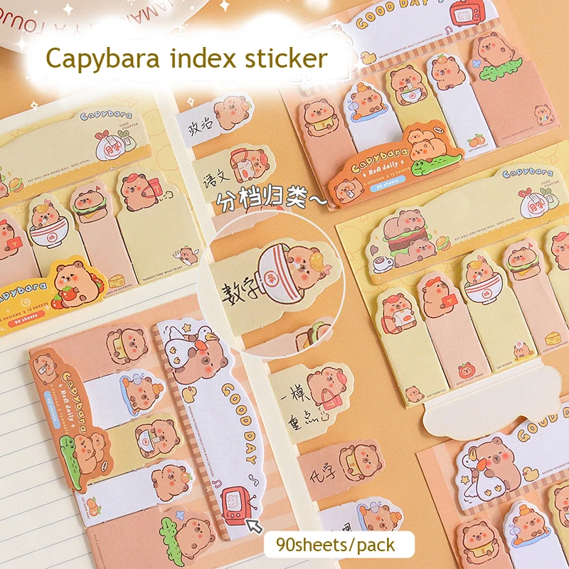 Cute CapyIndex Notepad Sticker, Papelaria coreana, Notas pegajosas, Papel Material, Planejador Estudantil, Acessórios de Escritórios, 90 Folhas