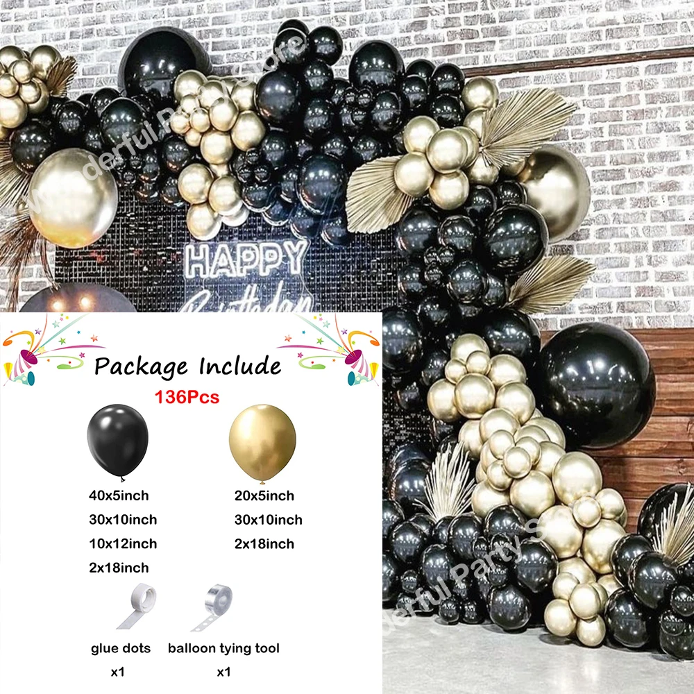 136Pcs Black Balloon Garland Kit Arch Metal Gold Latex Balloons Wedding Bridal Baby Shower Birthday Party Graduation Decor