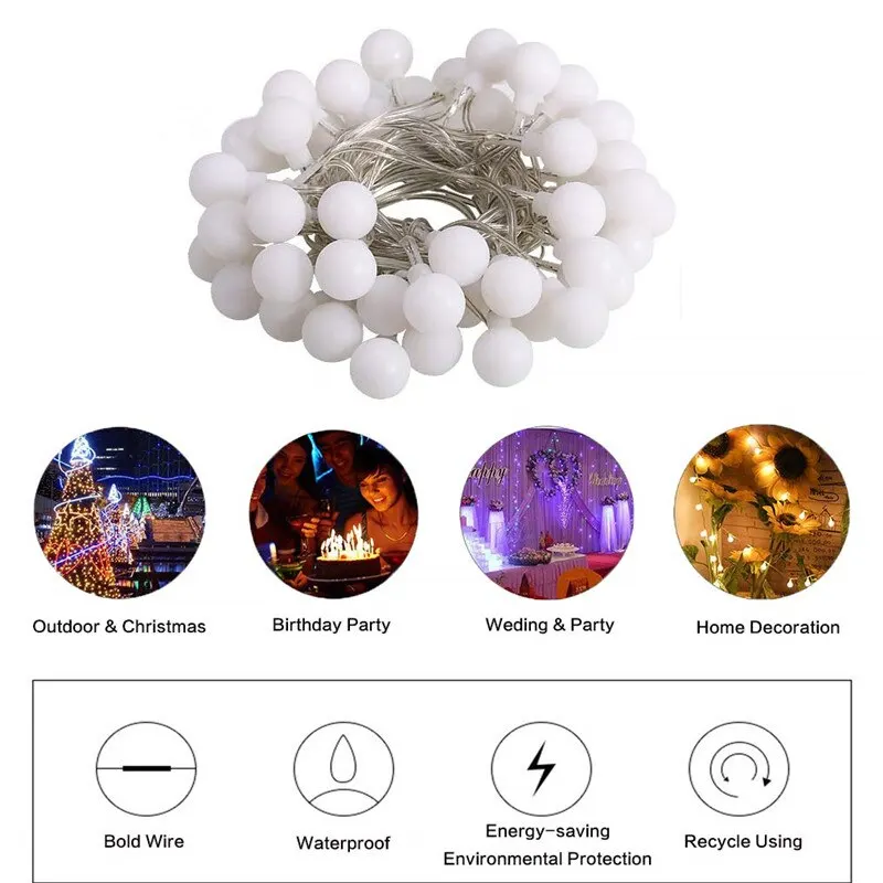 Impermeável LED Ball Garland Lights, Fairy String, lâmpada ao ar livre, feriado de Natal, festa de casamento, jardim, rua decoração