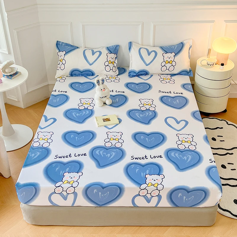 Cartoon Blue Love Heart Fitted Sheet Cute Bear Print Soft Comfortable Bedding Mattress Protector Elastic for Bedroom Guest Room