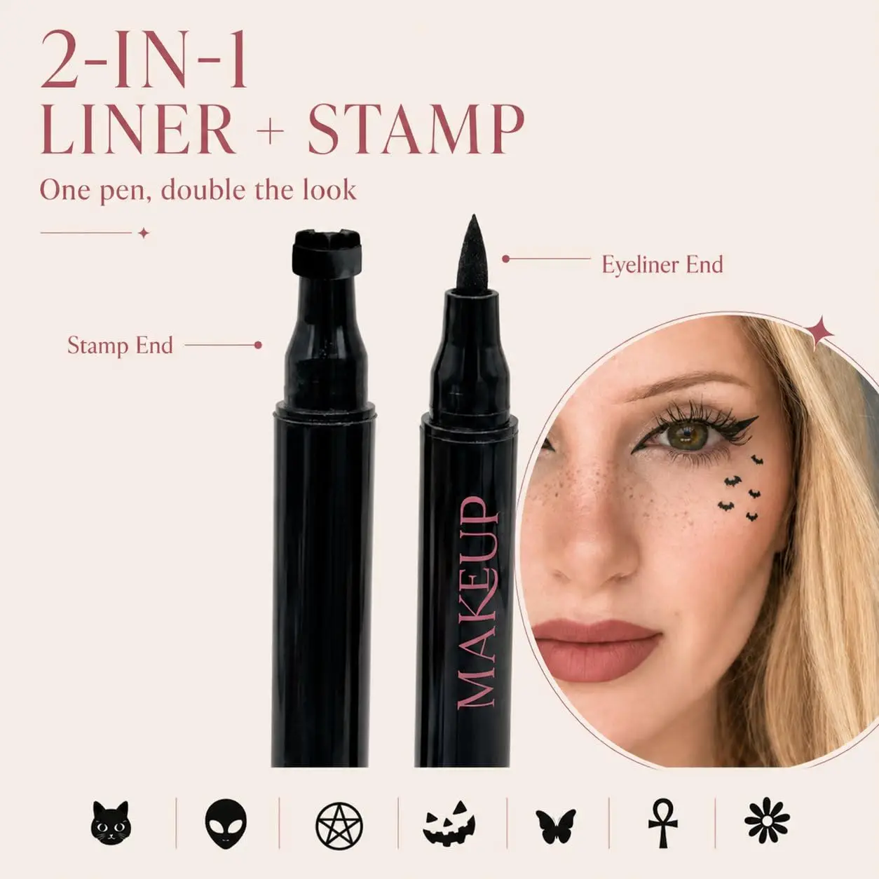 Halloween Dual-Ended Stamp Eyeliner Waterproof Black Liquid Eyeliner Pen with Bat Face Tattoo Stamp, Long Lasting Smudge-Proof view 5