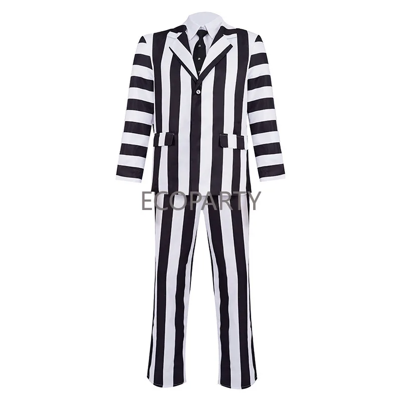 Black and White Striped Suit Men Costume Spooky Halloween Costumes for Men Scary Halloween 80s Movie Costumes