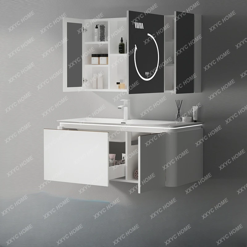 Bathroom Cabinet Ceramic Whole Washbin Assembled Cabinet Wash Basin Bathroom Smart Mirror Household Solid Wood Bathroom