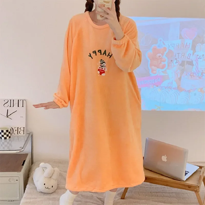 Women Flannel Velvet Nightdress Autumn Winter Thicken Warm Nightgown Cartoon Sleepwear Comfortable Female Causal Home Clothes