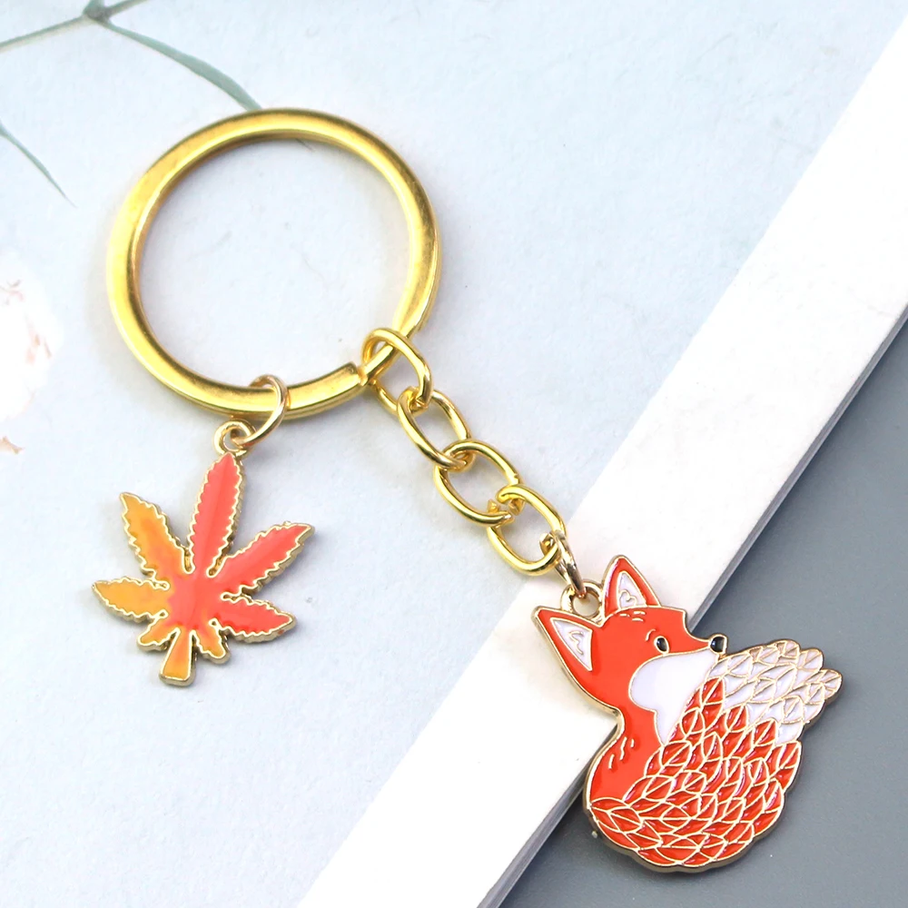 Cute Enamel Keychain Maple Leaves Fox Key Ring Animal Key Chains Souvenir Gifts For Women Men Car Keys DIY Handmade Jewelry