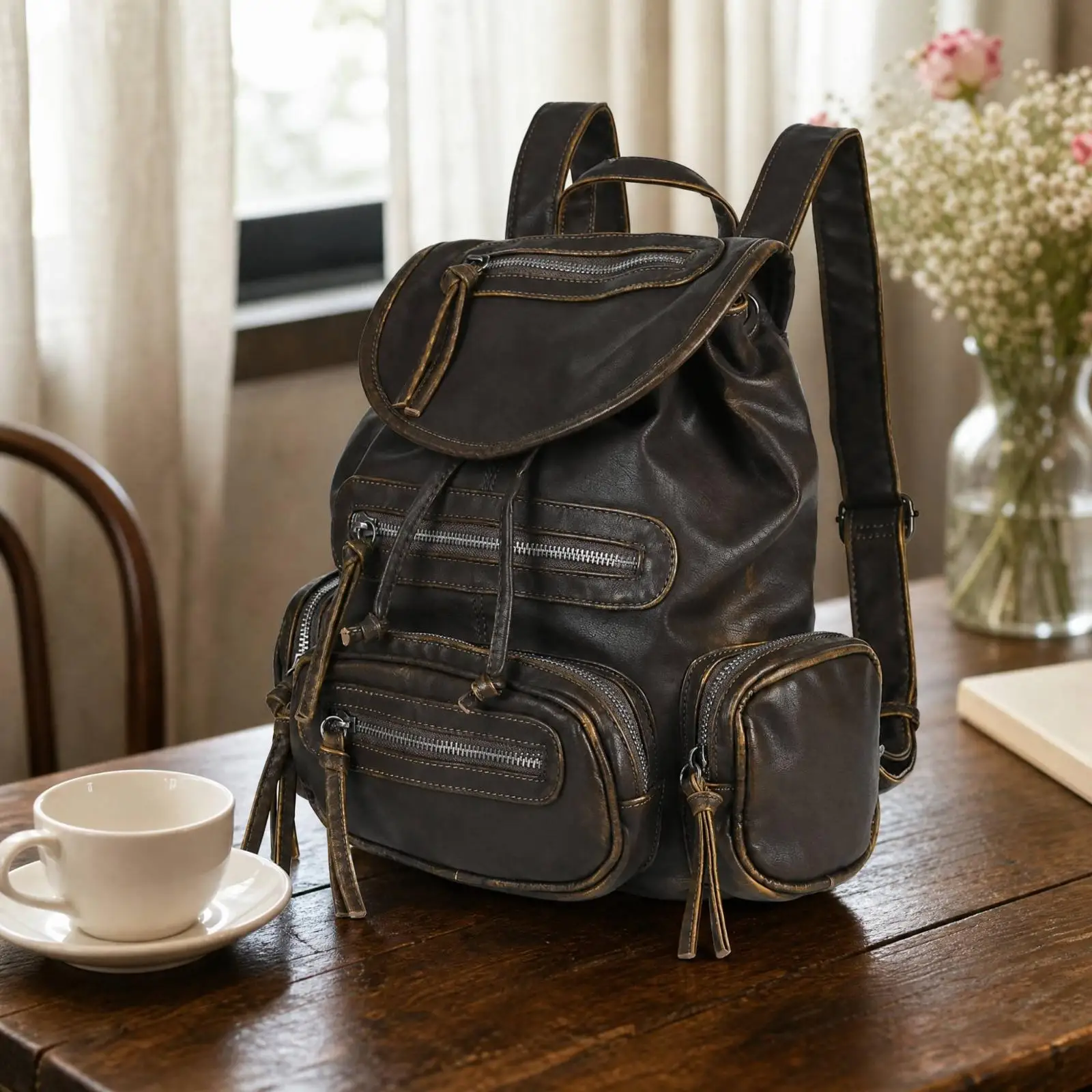 Women PU Leather Travel Rucksack with Round Flap and Drawstring Closure Casual Backpack with Multiple Pockets for Everyday Use