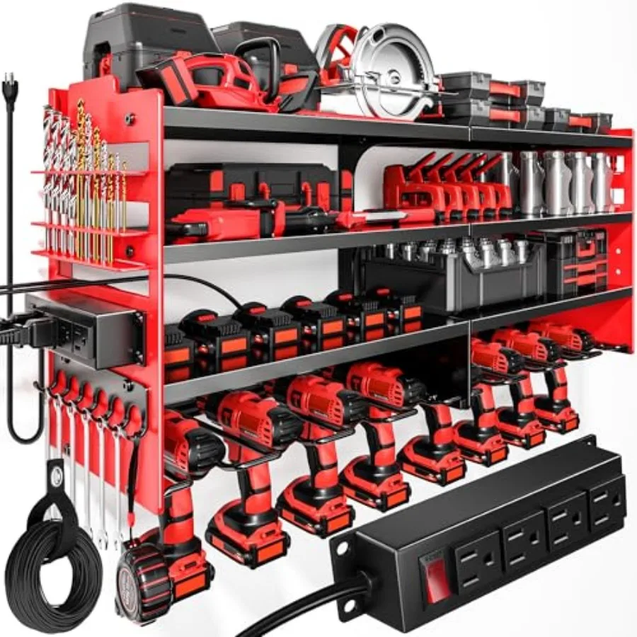 

Tool Organizer Wall Mount Charging, 4 Layer Heavy Duty Metal Tool Storage Shelf Loads 600lbs, Battery Utility Rack With 4 Outle