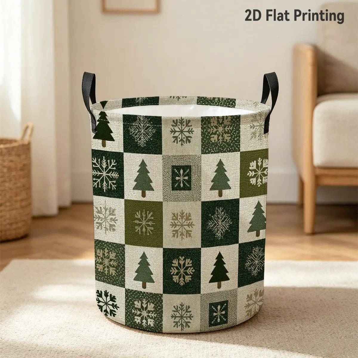 Scandinavian Winter Laundry Basket with Snowflake Pine Tree Pattern - Rustic Checkered Clothes Hamper Suitable for Home