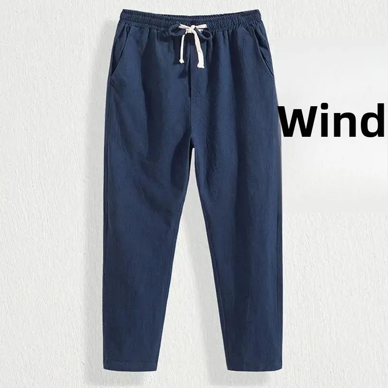 

Men's Summer Casual Pants High Waist Straight Leg Cotton Linen Blend Thin 9-Length Loose Fit Faionable Youth Trousers