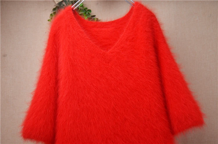 Ladies Women Fashion Red Hairy Angora Rabbit Hair Short Sleeves V-Neck Fall Winter Long Sweater Jumper Dress Mink Fur Pull Tops