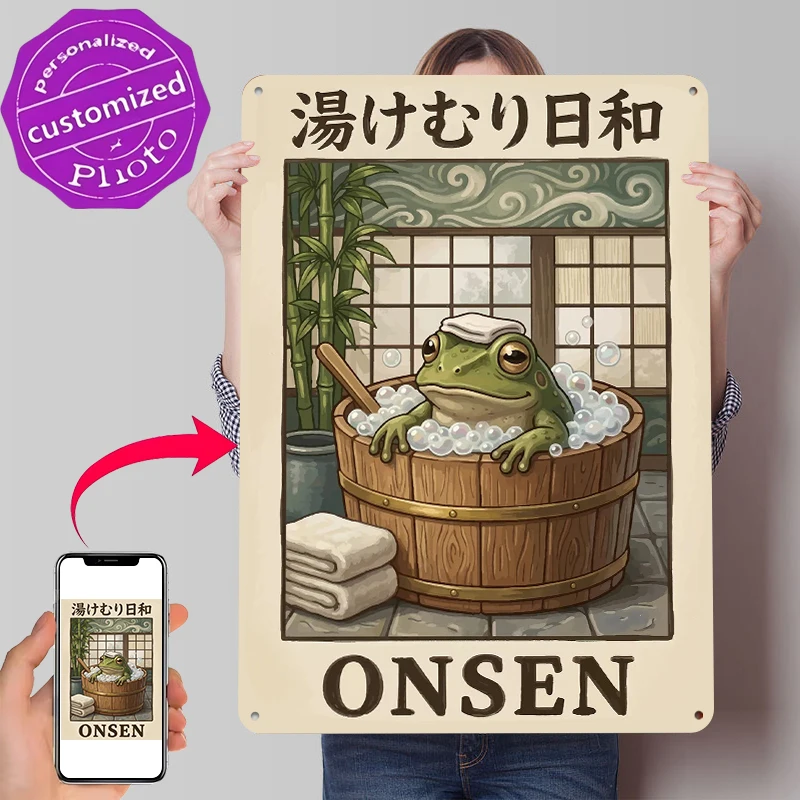 Frog Enjoying a Japanese Onsen Bath Tin Poster Customized Wall Art Retro Vintage Metal Signs for Fans Room Home Decor Items Men