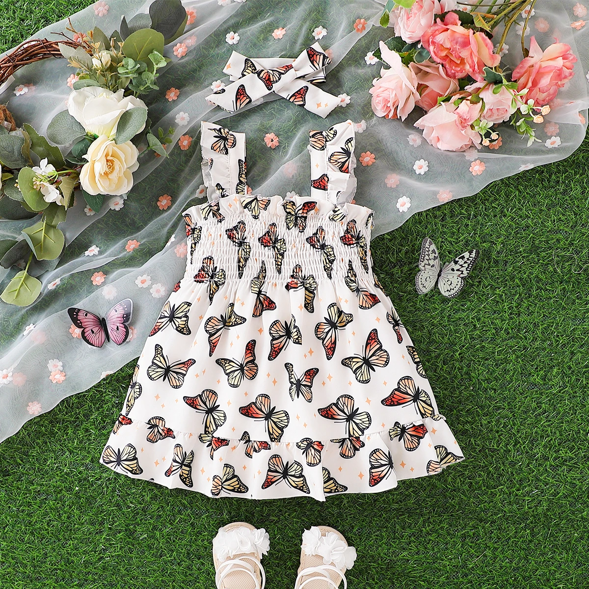 Baby Girl Lace-Up Strap Dress with Random Butterfly Print Summer Outfit Includes Hair Accessories