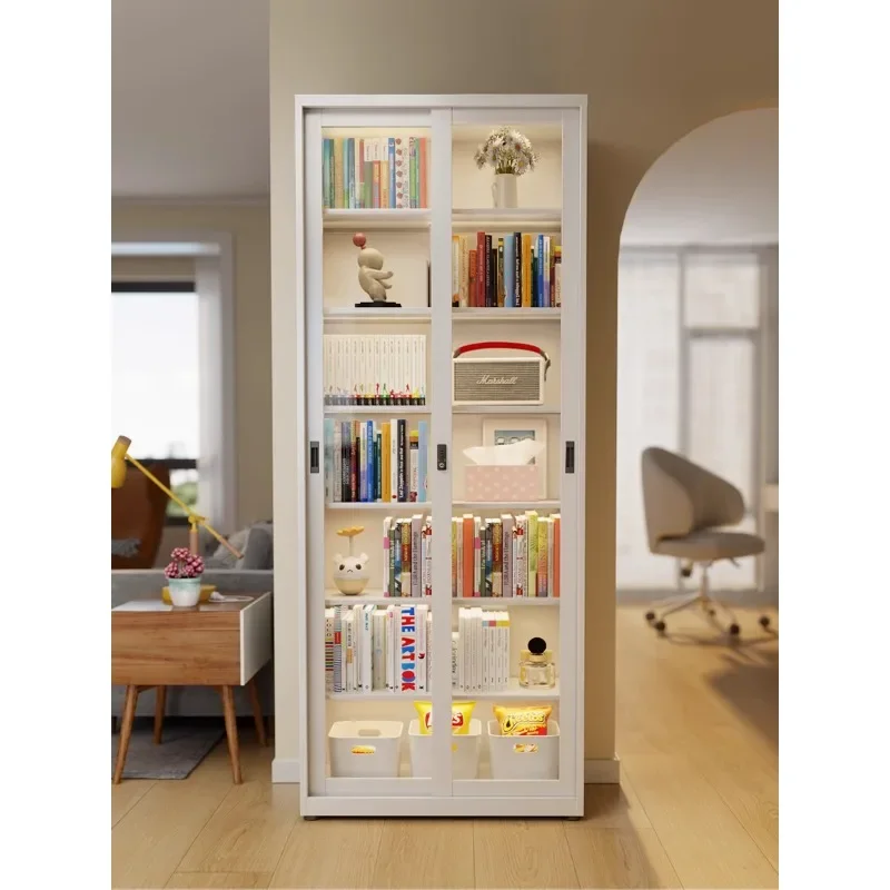 Glass sliding door bookcase household lock dust-proof anti-theft multilayer floor storage cabinet wrought iron bookshelf shelf.