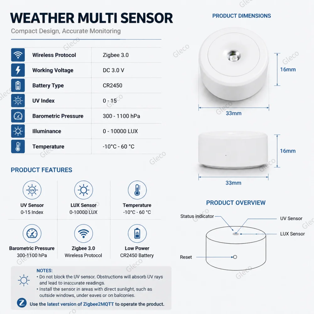 Zigbee Drahtloser Luftdrucksensor UV-Messgerät Barometer Thermometer Lichtdetektor für Smart Home Assistant 2MQTT Wettermonitor – Detail 13