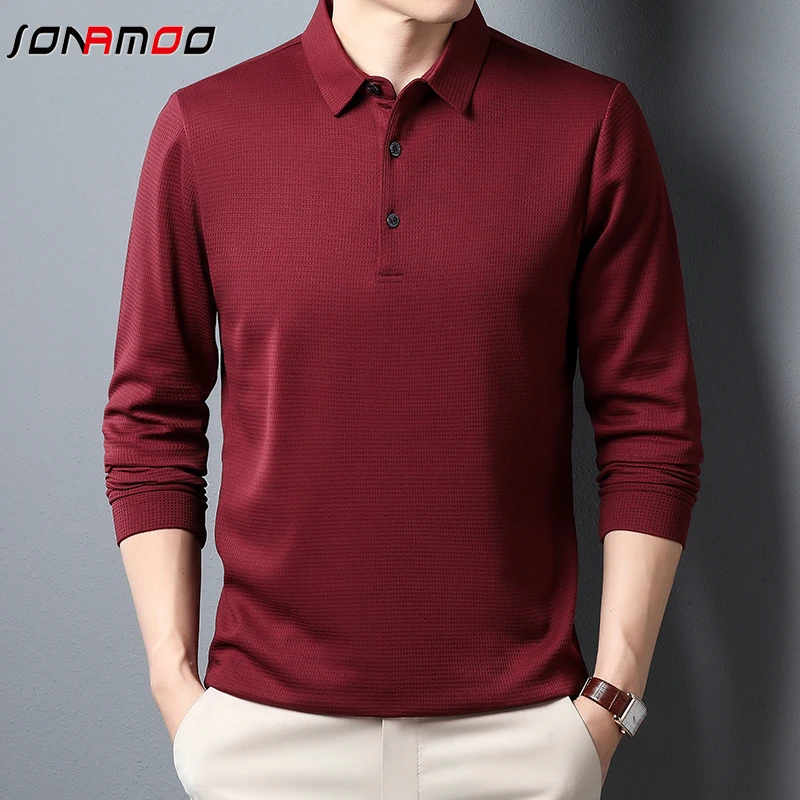 Men\'s Business Casual Polo Long Sleeve T-shirt Summer Comfortable Solid Cotton Top