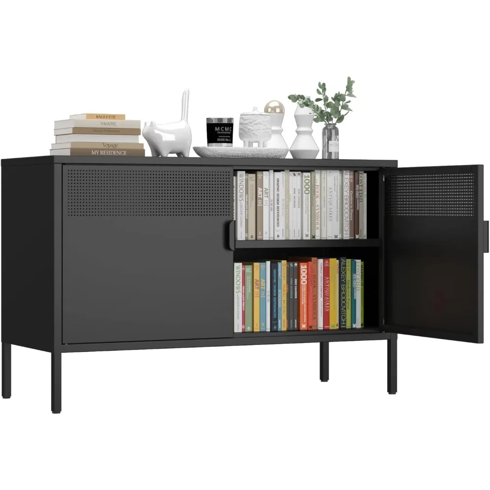 

Metal Storage Cabinet,2 Door TV Stand, Metal Mesh Accent Cabinet,Magnetic Door Closure,Low Storage Cabinets with Doors and Shelf