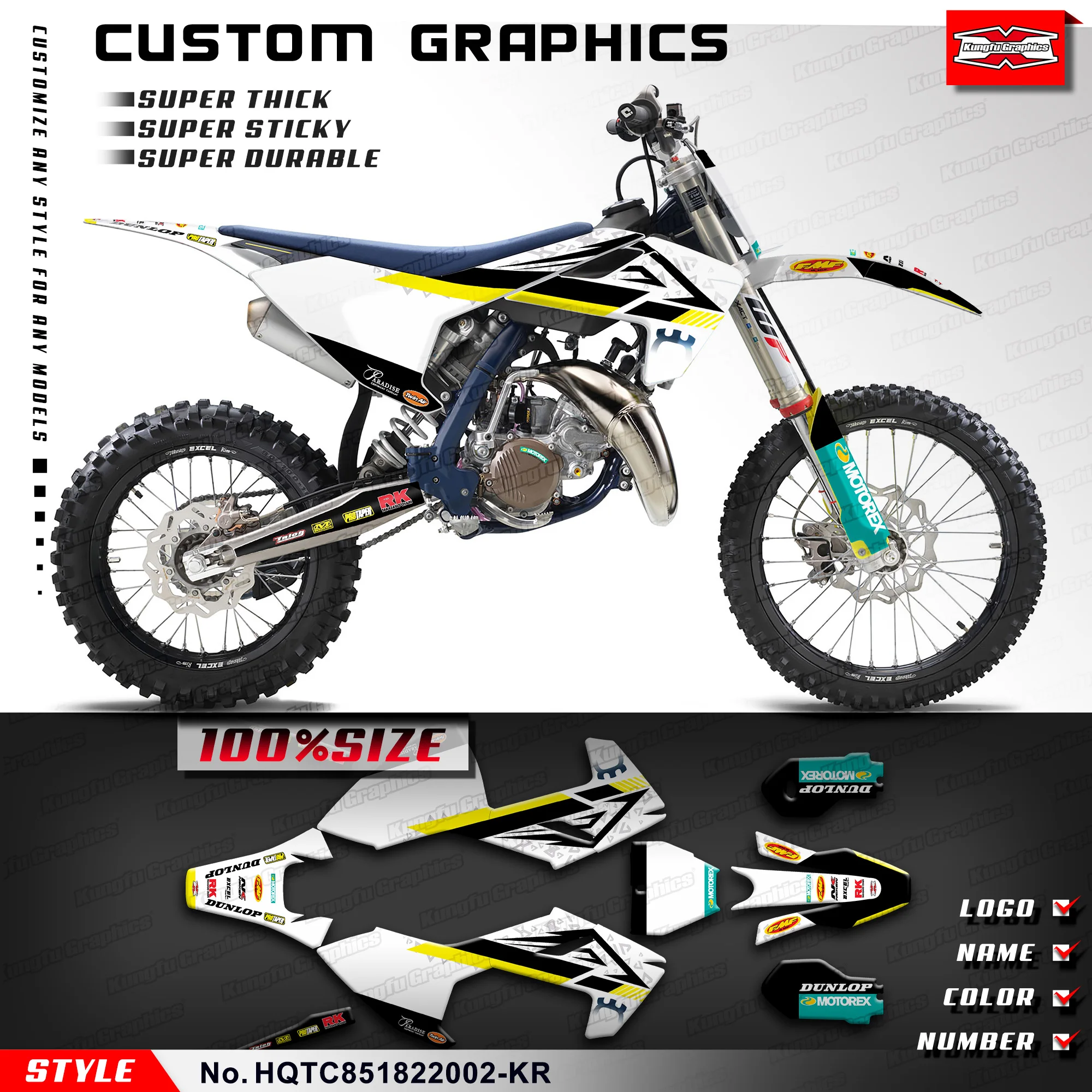 

KUNGFU GRAPHICS Racing Graphics Vinyl Sticker for Husqvarna TC85 TC 85 2018 2019 2020 2021 2022 2023 2024, HQTC851822002-KR