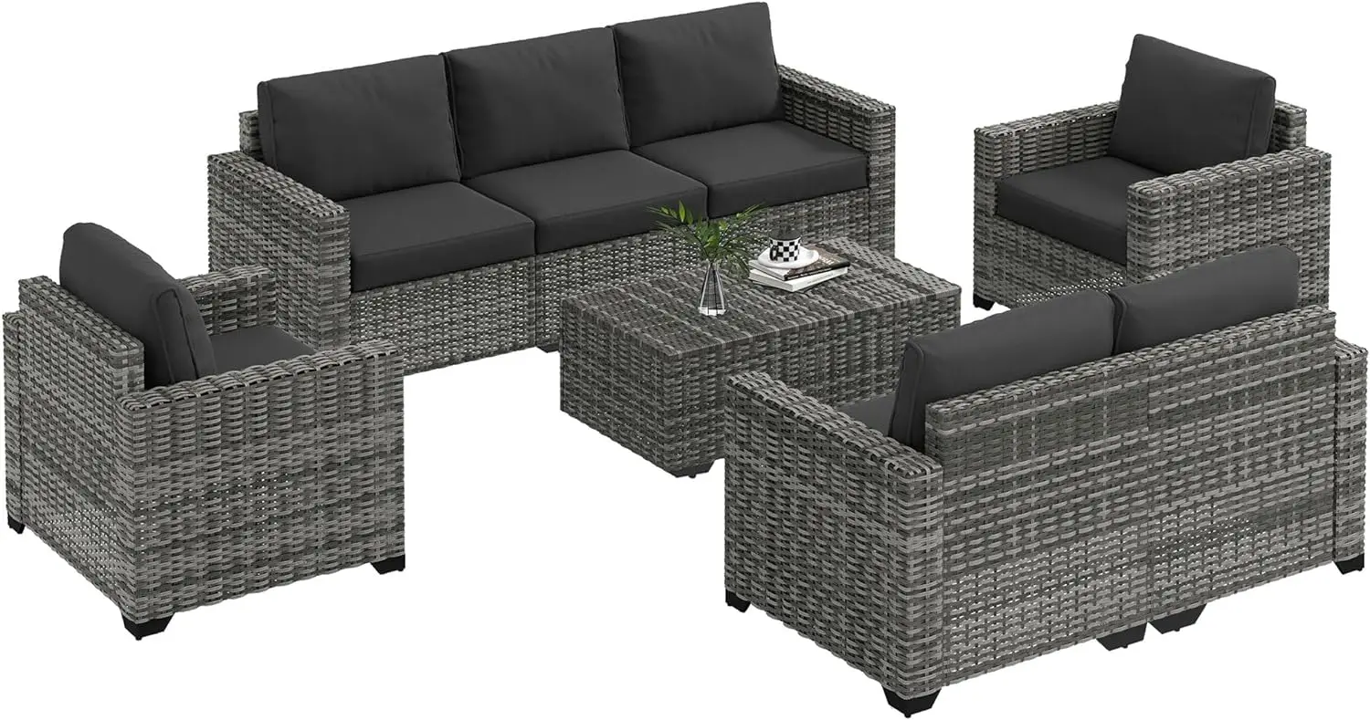 5 Piece Patio Furniture Set with Cushions, Outdoor PE Rattan Wicker Conversation Sofa Set with Storage Bin Coffee Table