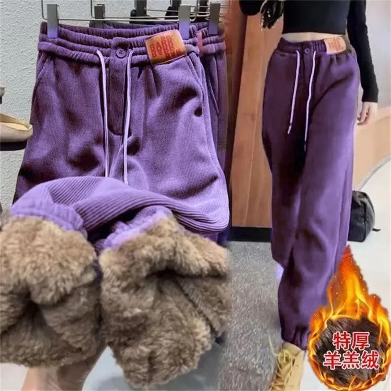 Thick Flannel Sweatpants Women Autumn Winter 2024 New Lamb Fleece Warm Pants Loose leg Binding Plush Thick Women's Pants