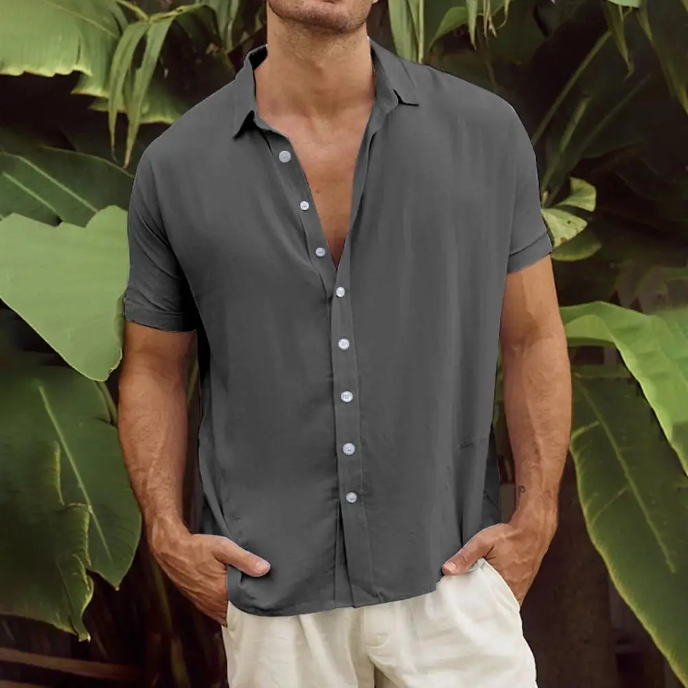 Camisa de un solo pecho para hombre, cárdigan de un solo pecho, manga corta, cuello vuelto, Color sólido, elegante, Formal