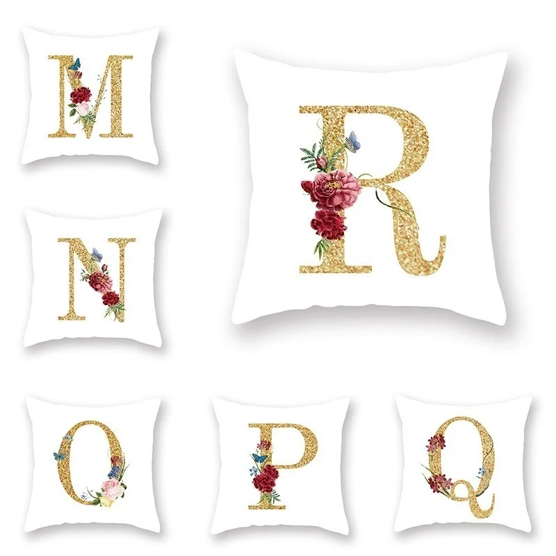 Gold letter Pattern Couch Cushion Cover Lovely English Alphabet Pillow Case Room Bed Sofa Waist Pillow Covers