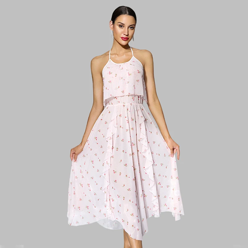 Summer Pajamas Floral Print Halter Night Dress Women Long Flowy Nightgown Irregular Hem Sleepwear Elegant Mesh Sexy Nightwear