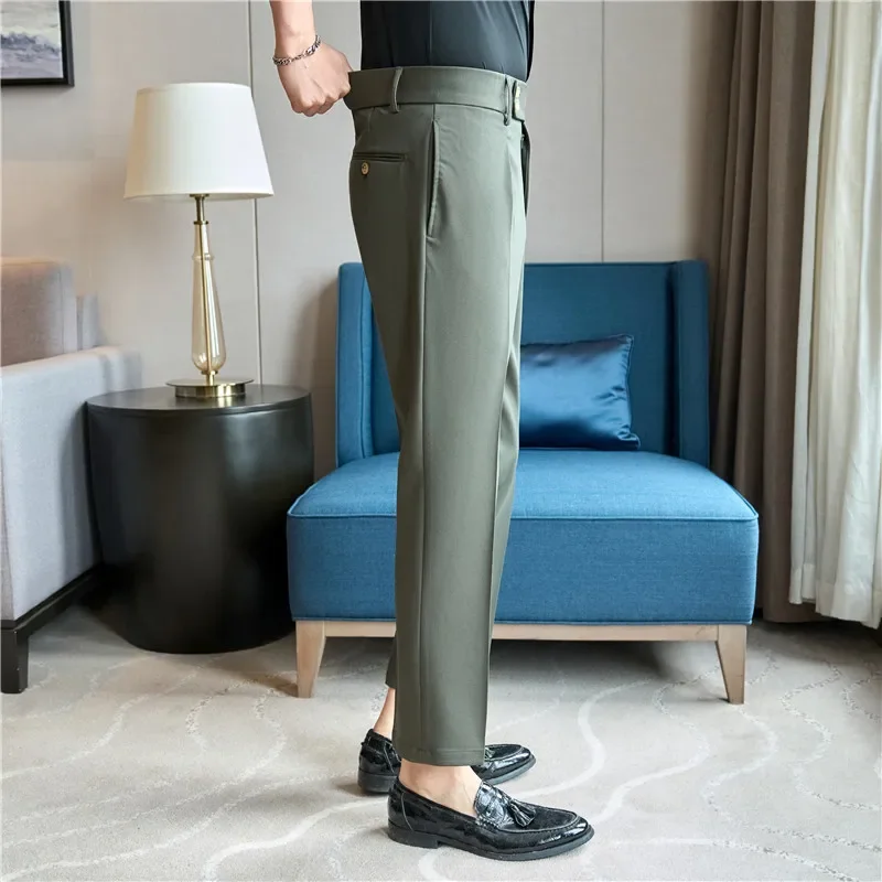 Men High Waist Dress Pants British Style 2024 Autumn Solid Color Casual Trousers Slim Fit Formal Suit Pants Fashion Men Clothing