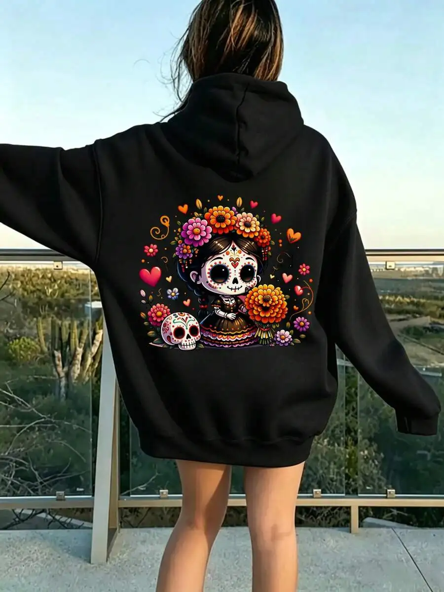 Womens Hoodie Cute Sugar Skull Girl Graphic Hooded Sweatshirt Fall Dia De Los Muertos Top