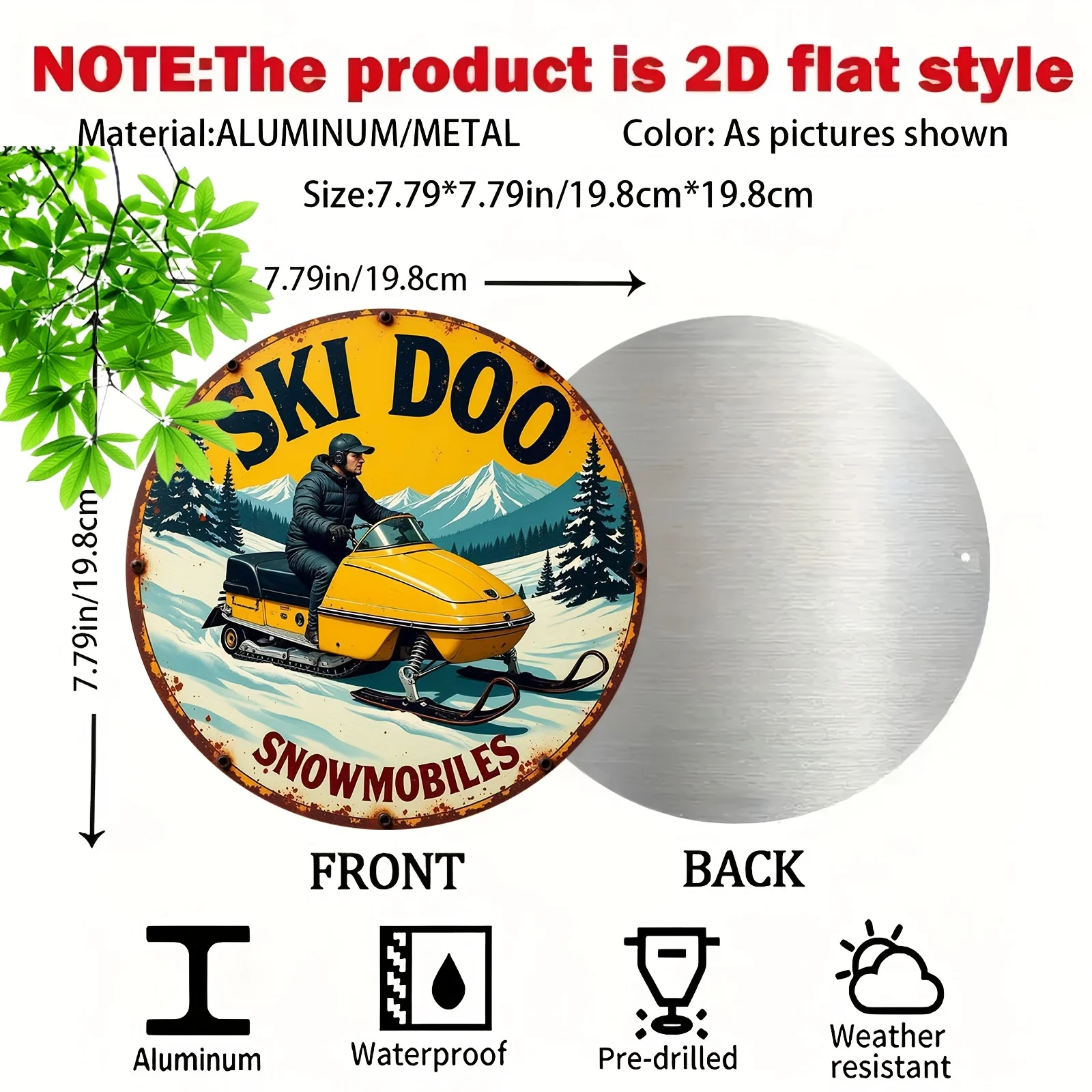 2D Flat, [Round 1pc Vintage Ski Doo Snowmobile Logo Metal Plaque - 7.8x7.8 Inch Round Aluminum Wall Decor with Rustic Winter