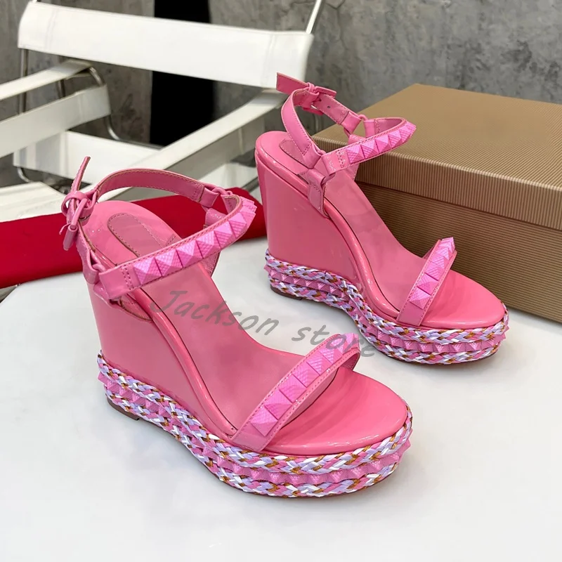 2024 Casual Women\'s Wedge Shoes Summer Round Toe Buckle Sandals High Heels Platform Rivets Decorated Gold Leather Ladies Shoe